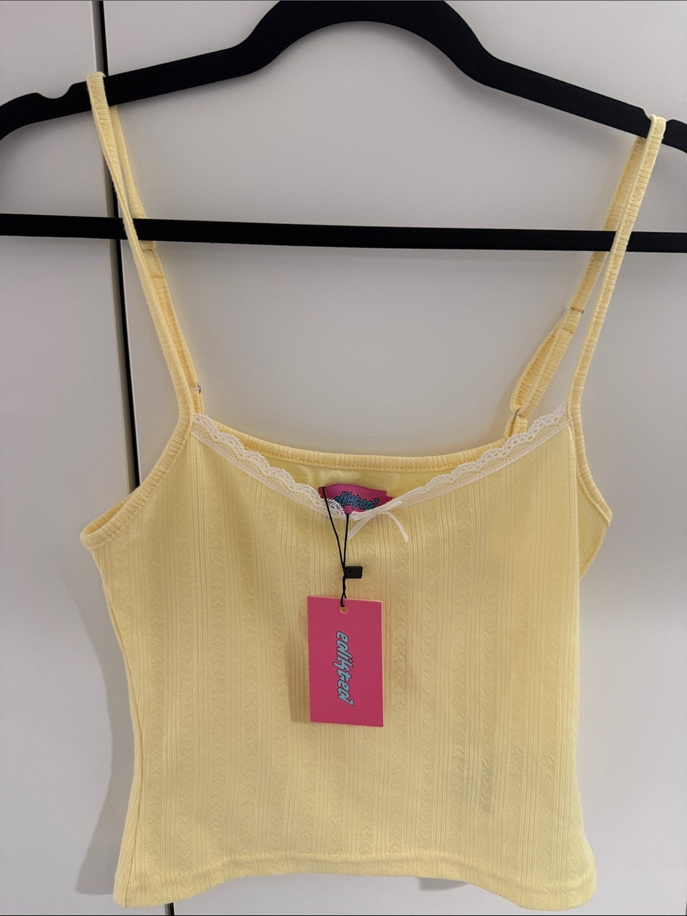 Edikted Pale Yellow Lace-Trim Ribbed Cami Top